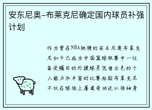 安东尼奥-布莱克尼确定国内球员补强计划