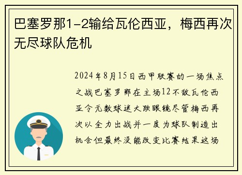 巴塞罗那1-2输给瓦伦西亚，梅西再次无尽球队危机
