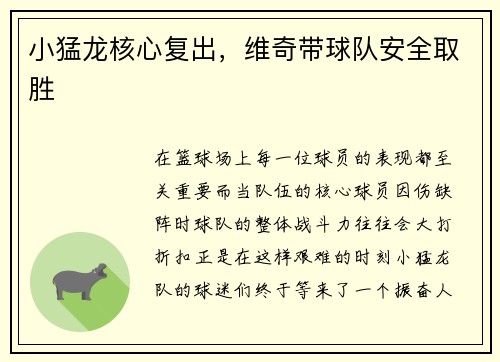 小猛龙核心复出，维奇带球队安全取胜
