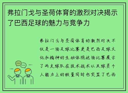 弗拉门戈与圣荷体育的激烈对决揭示了巴西足球的魅力与竞争力