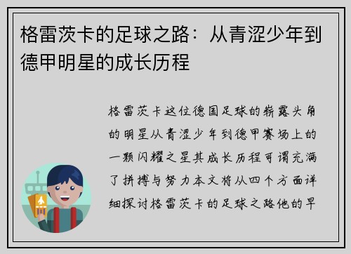 格雷茨卡的足球之路：从青涩少年到德甲明星的成长历程