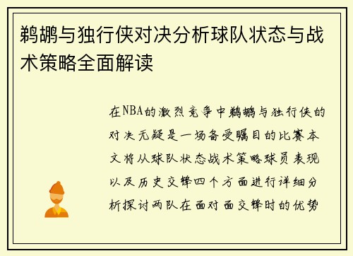 鹈鹕与独行侠对决分析球队状态与战术策略全面解读