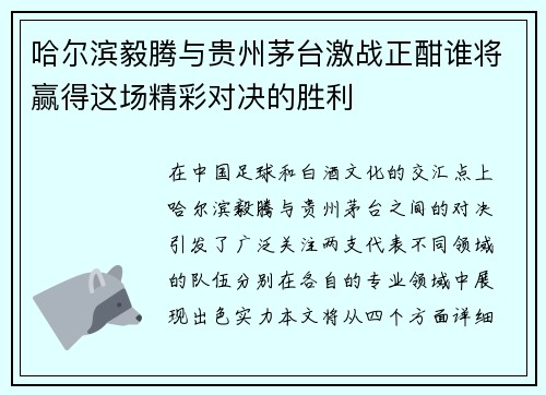 哈尔滨毅腾与贵州茅台激战正酣谁将赢得这场精彩对决的胜利
