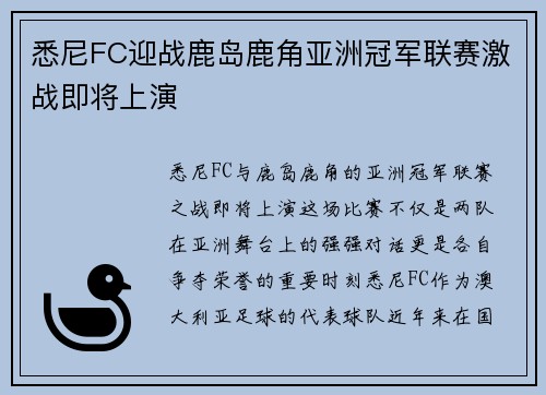 悉尼FC迎战鹿岛鹿角亚洲冠军联赛激战即将上演