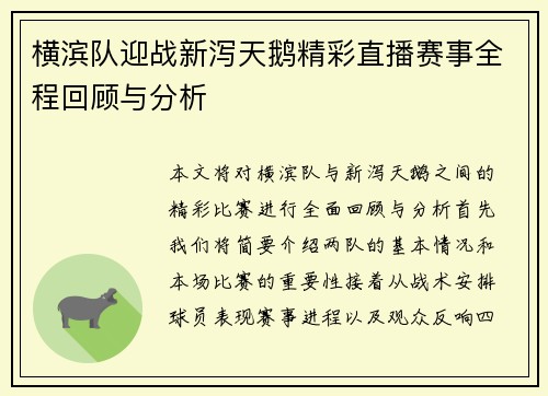 横滨队迎战新泻天鹅精彩直播赛事全程回顾与分析