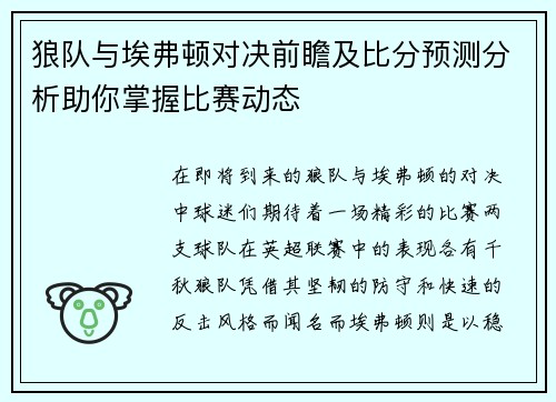 狼队与埃弗顿对决前瞻及比分预测分析助你掌握比赛动态