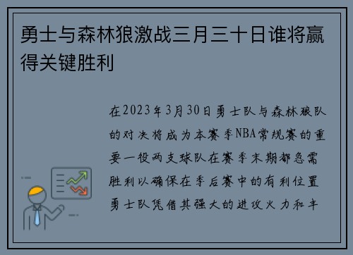 勇士与森林狼激战三月三十日谁将赢得关键胜利