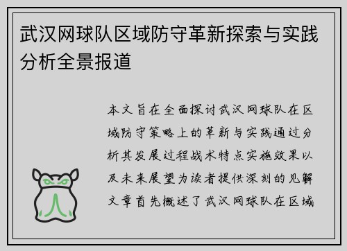 武汉网球队区域防守革新探索与实践分析全景报道