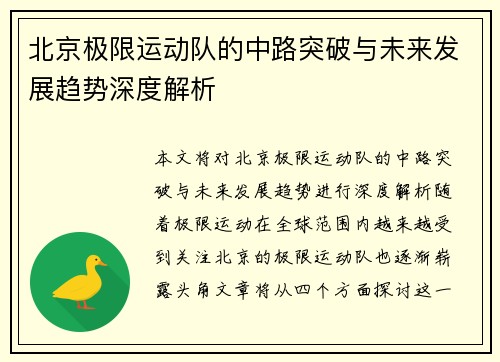 北京极限运动队的中路突破与未来发展趋势深度解析