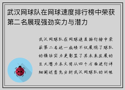 武汉网球队在网球速度排行榜中荣获第二名展现强劲实力与潜力