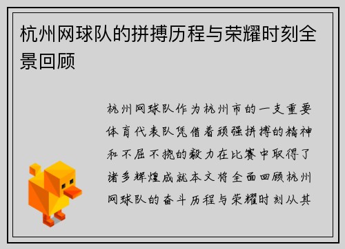 杭州网球队的拼搏历程与荣耀时刻全景回顾