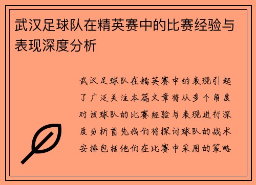 武汉足球队在精英赛中的比赛经验与表现深度分析