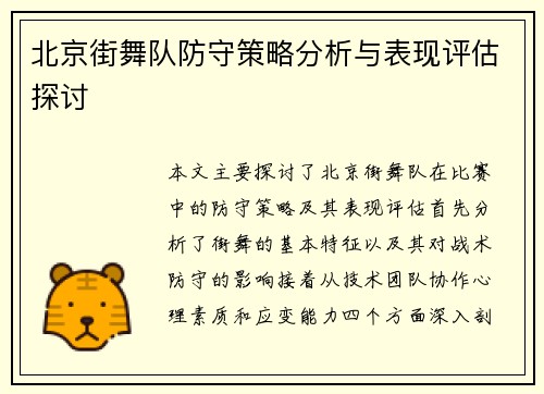 北京街舞队防守策略分析与表现评估探讨