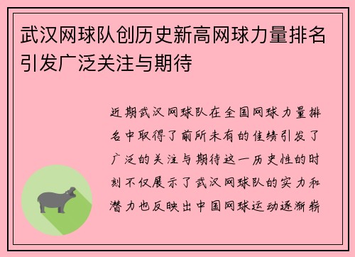 武汉网球队创历史新高网球力量排名引发广泛关注与期待